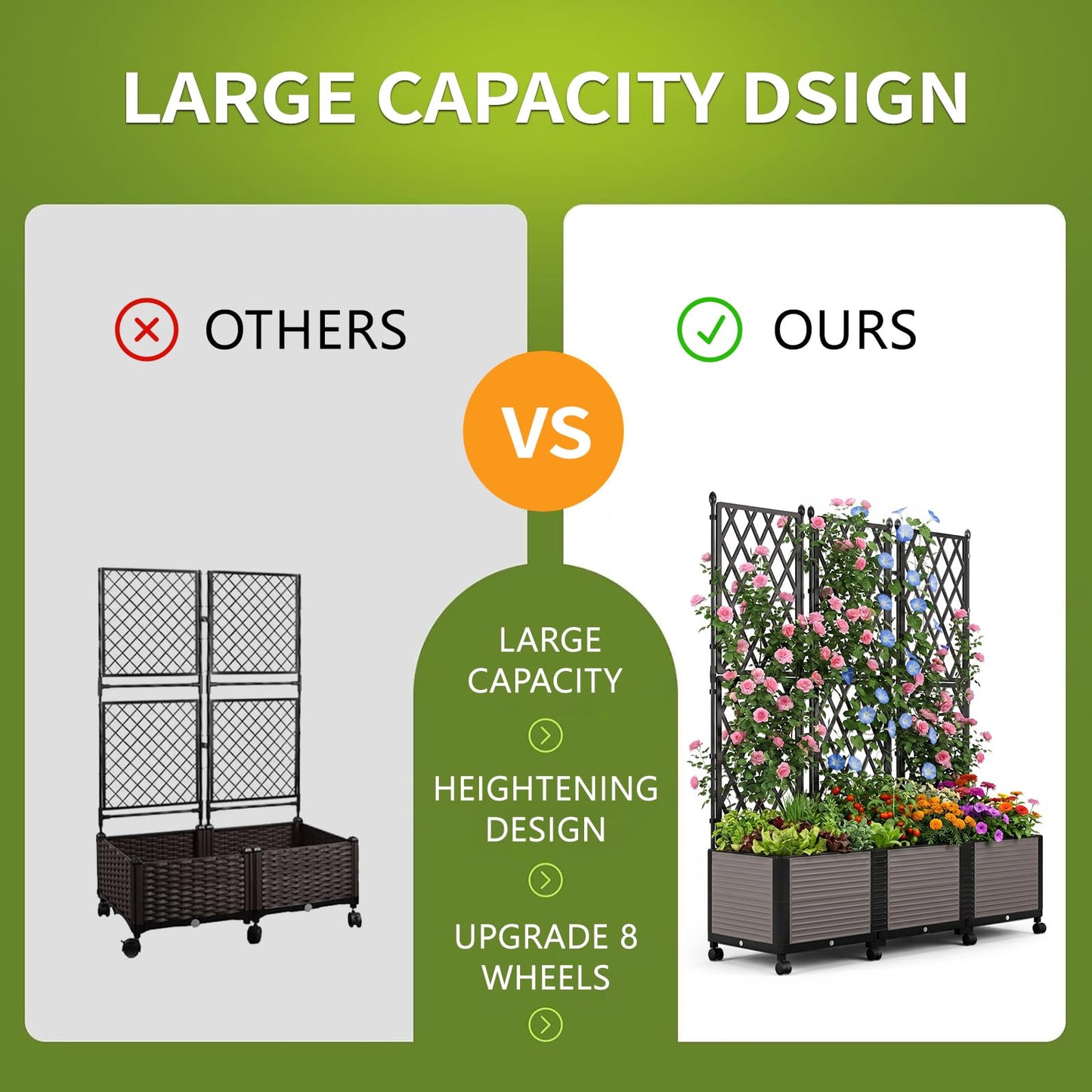 UrGROWA Raised Garden Bed Planter Box with Trellis, 63''H Tomato Planters for Climbing Plants Vegetable Vine Flowers Outdoor Patio Tomato Cage, Self Watering Planter with Wheels