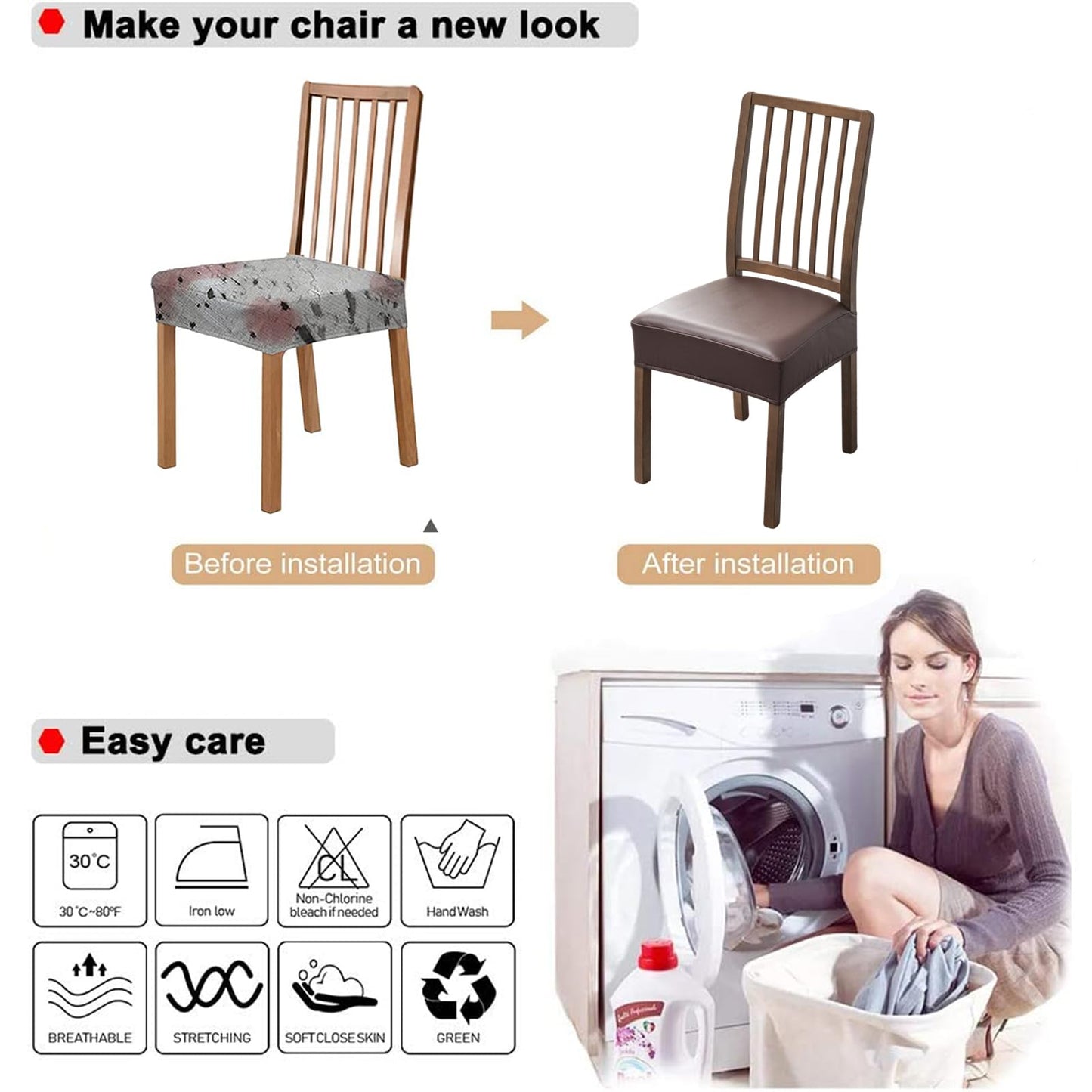 NILUOH Waterproof Seat Covers for Dining Room Chairs Set of 4, Pu Leather Chair Seat Slipcovers Dining Chair Cover Removable Washable Chair Protctor Cover, Rear Covers (PU-Coffee)