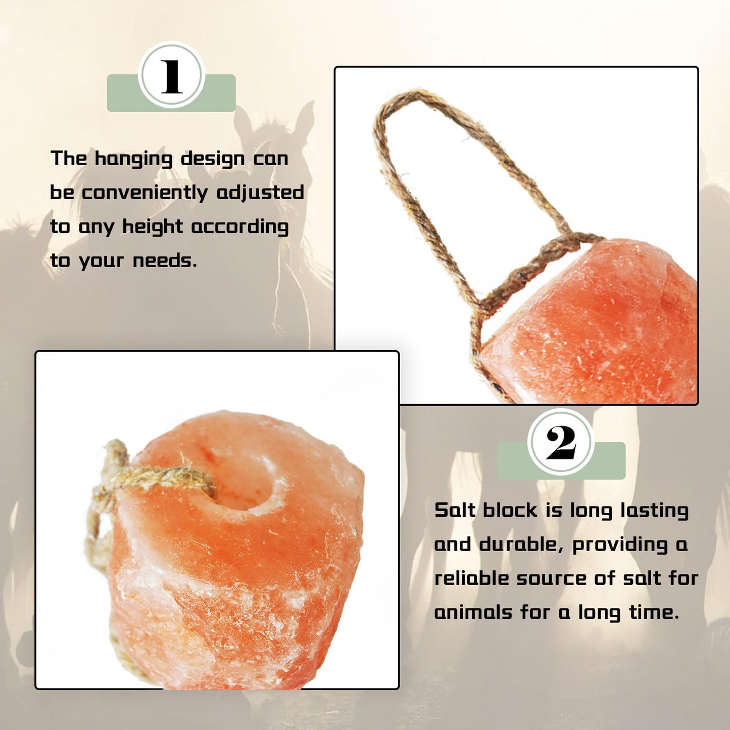 MUYG Animal Salt Lick Block on Rope for Horses,Deer,Cattle,Sheep Livestock Natural Organic Mineral Intake Long Lasting Himalayan Deer Salt Block(1 Pcs,2.4-3.3 lbs)