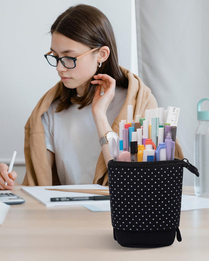 Sooez Standing Pencil Case, Cute Stand up Pencil Pouch, Telescopic Pen Pouch, Portable Pencil Holder, Kawaii Stand up Pencil Case, Spacious Pencil Pouch Bag for School Office Supplies, Black