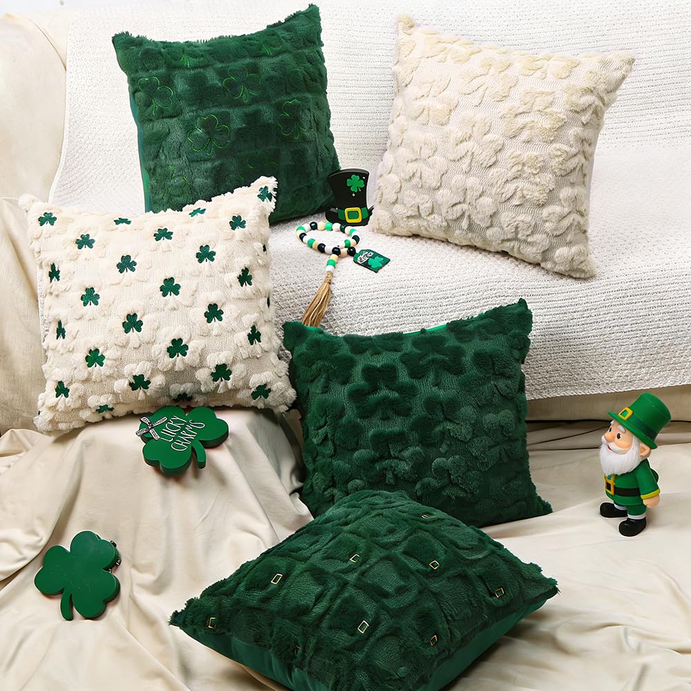 Heirloom Haven St Patrick’s Day Pillow Covers Set of 2,Beige Shamrock Irish Soft Plush Fluffy Faux Fur Jacquard Decorative Holiday Farmhouse Cushion Case for Sofa 20 x 20 Inch