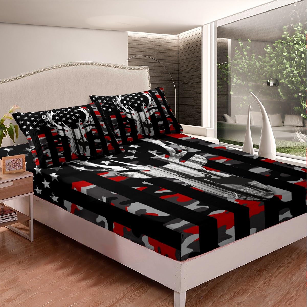 Kids Camouflage USA Flag Bed Sheet Set King Size,Wild Animal Deer Antlers and Trees Quality Brushed Microfiber Luxury Bedding Set, Red Camo American Flag Bedding (1 Fitted,1 Flat,2 Pillowcases)