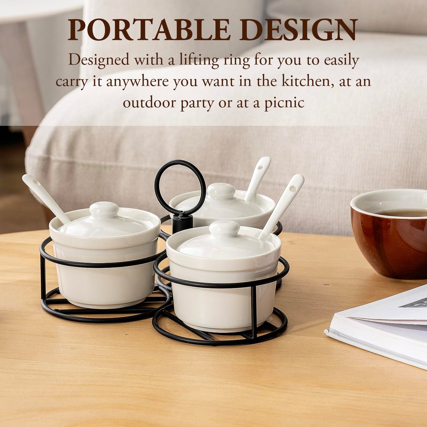 MyGift 10 Pc Set Ceramic Ramekin Condiment Dip Bowl with Lids and Spoons and Deluxe Modern Black Metal Wire Serving Rack for Sauces and Condiments