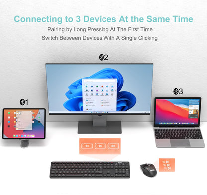 Arteck Universal Multi-Device Bluetooth Keyboard and Mouse Full Size Wireless Bluetooth Keyboard and Ergonomic Mouse Set for Windows, iOS, Android, Computer Desktop PC Laptop iPad Tablet Smartphone