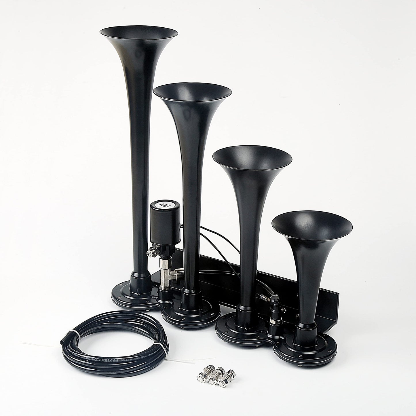 HONSDUKE 3 Liter Train Horn Kit for Trucks/Car/Semi. Complete Onboard System of 150psi Air Compressor, 1 Gallon Tank, 4 Trumpets. Super Loud dB. Fits All DC12V Vehicles Like Pickup/Jeep/RV/SUV
