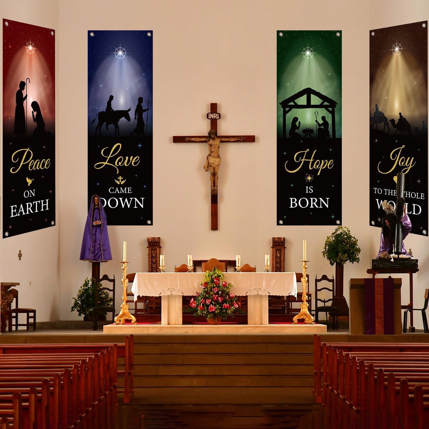 4Pcs Welcome Religious Easter Banners for Church Sanctuary Wall - Hanging Backdrop Nativity Scene Banner Scripture - Easter Porch Signs for School Nativity Decor
