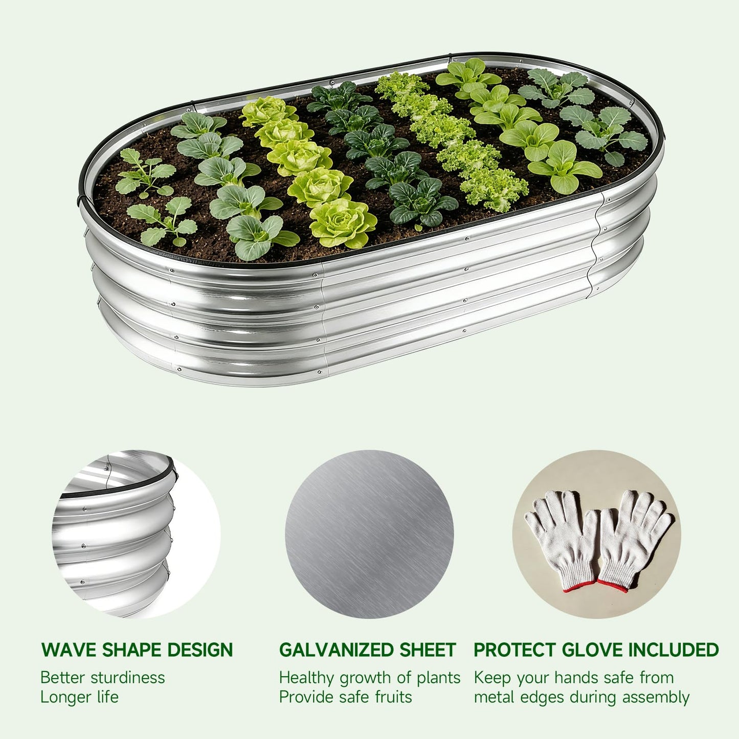 ONAIL Galvanized Steel Raised Garden Bed Kit, Oval Small Metal Planter Box for Outdoor Plants Vegetables, Flowers, Herbs (4x2x1 Silver)