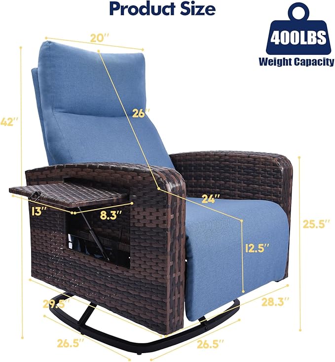 Outdoor Recliner Chair Set of 2, Wicker Patio Recliners with Adjustable Backrest and Extended Foot Rest, Reclining Patio Chairs with Flip Table & Removable Cushion Cover for Porch