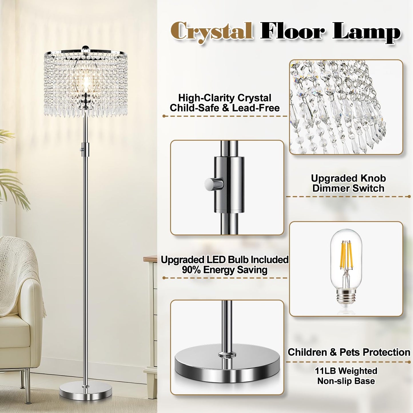 Yemela 【Upgraded】 Dimmable Crystal Floor Lamps for Living Room, 1000LM LED Bulb Included, Standing Lamp with Knob Switch, Tall Silver Modern Floor Lamp for Bedroom Nursery Office Reading
