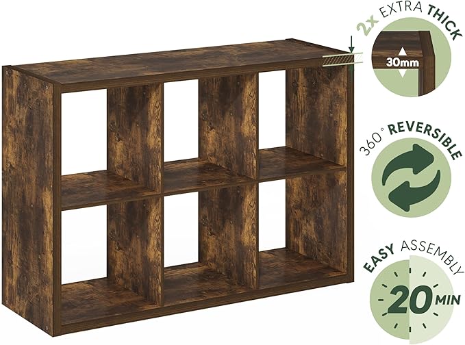Furinno Cubicle Book Shelf, 6-Cube Bookshelf, Extra Thick Frame Horizontally &