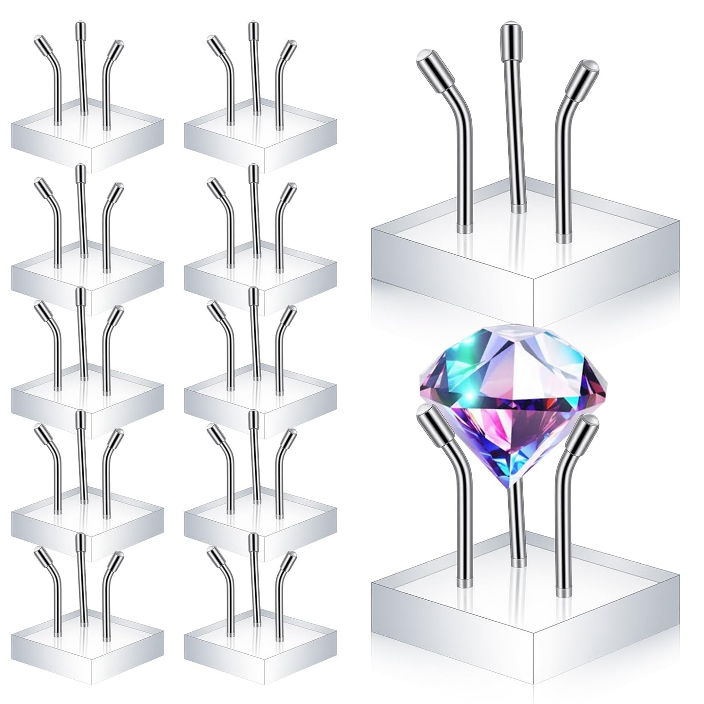 Caeuiciw 12 Pack Clear Acrylic Easel Stand for Rocks, Metal 3 Peg Rock Display Easel Stands for Fossil Coral Crystal Geodes Rock Mineral Agate Small Collectibles Acrylic Holder(1.6”x1.6”, Silver)