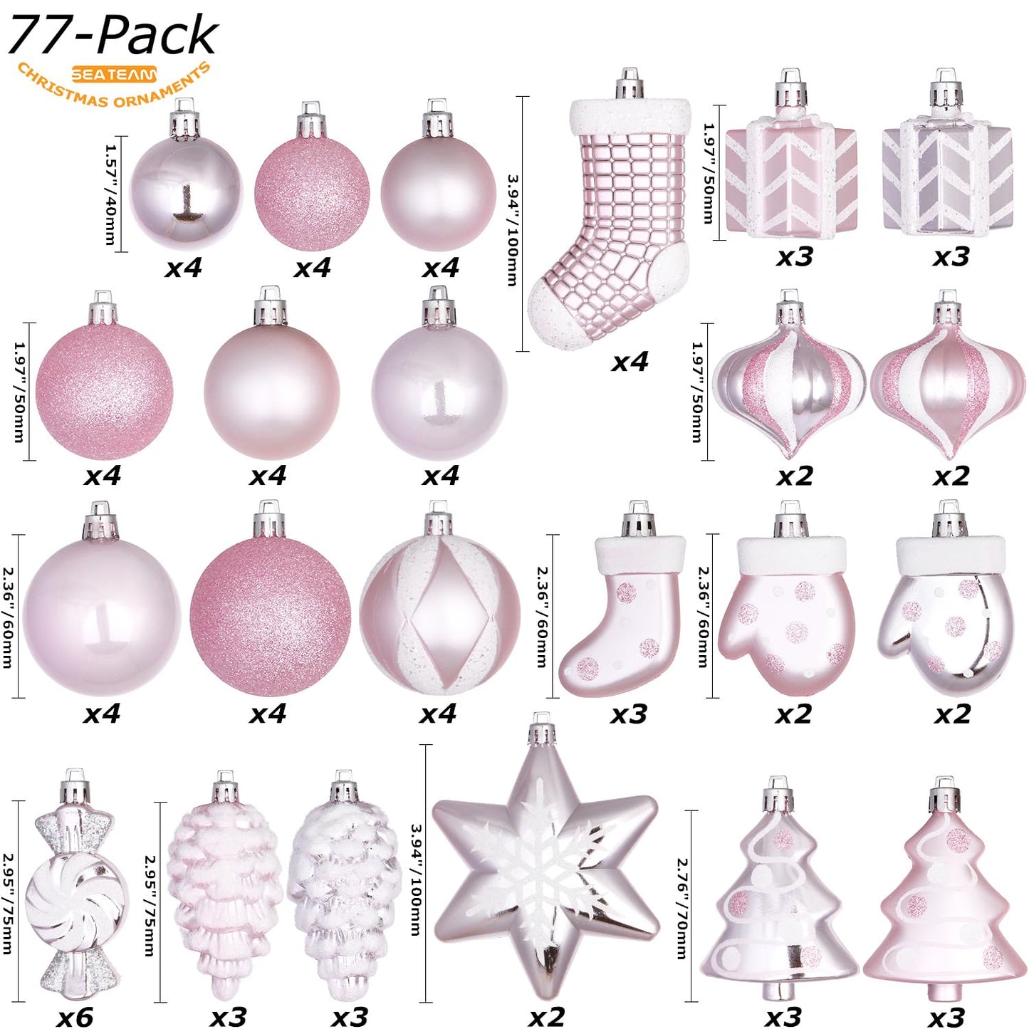 Sea Team 77-Pack Assorted Shatterproof Christmas Balls Christmas Ornaments Set Decorative Baubles Pendants with Reusable Hand-held Gift Package for Xmas Tree (Pink)
