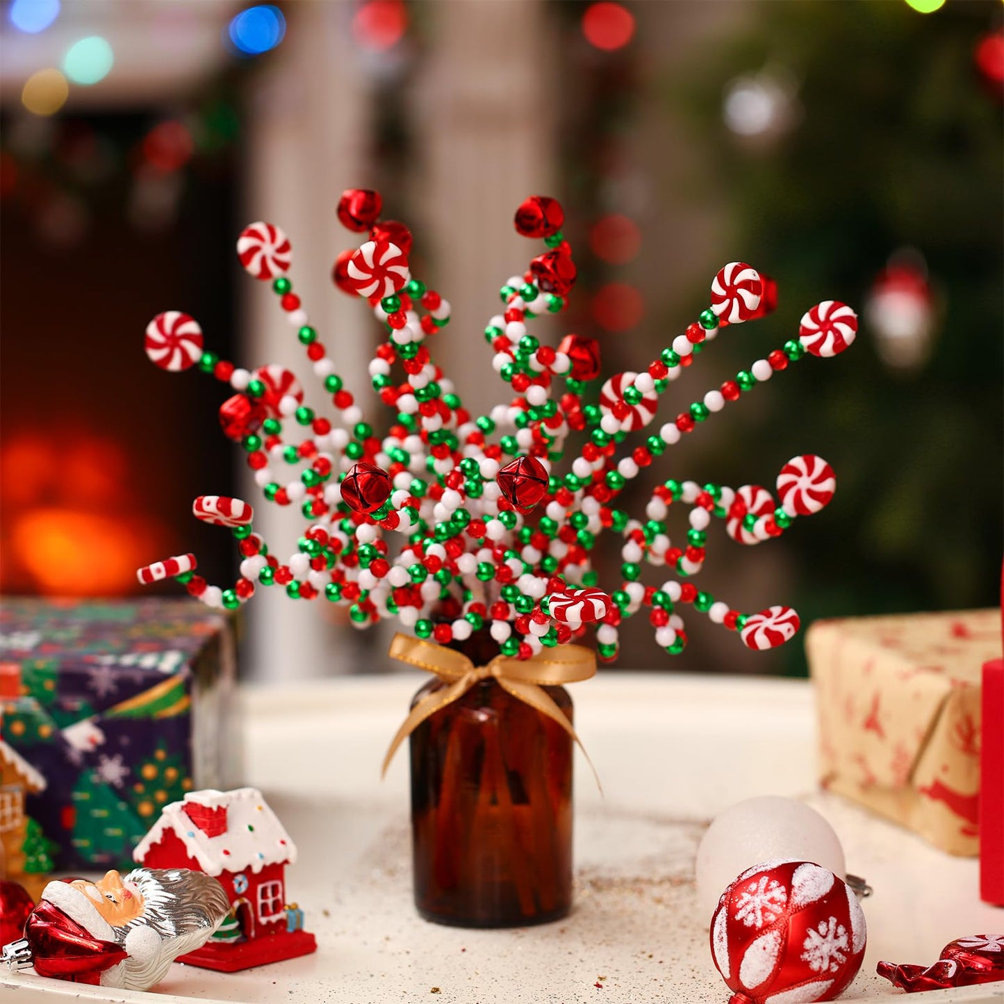 Liliful 40 Pcs Christmas Candy Cane Hanging Ornament Christmas Tree Curly Picks Twisted Lollipop Peppermint Strips and Bells Strips Candy Cane Decor for Xmas Tree Topper Party(Red, Green, White)