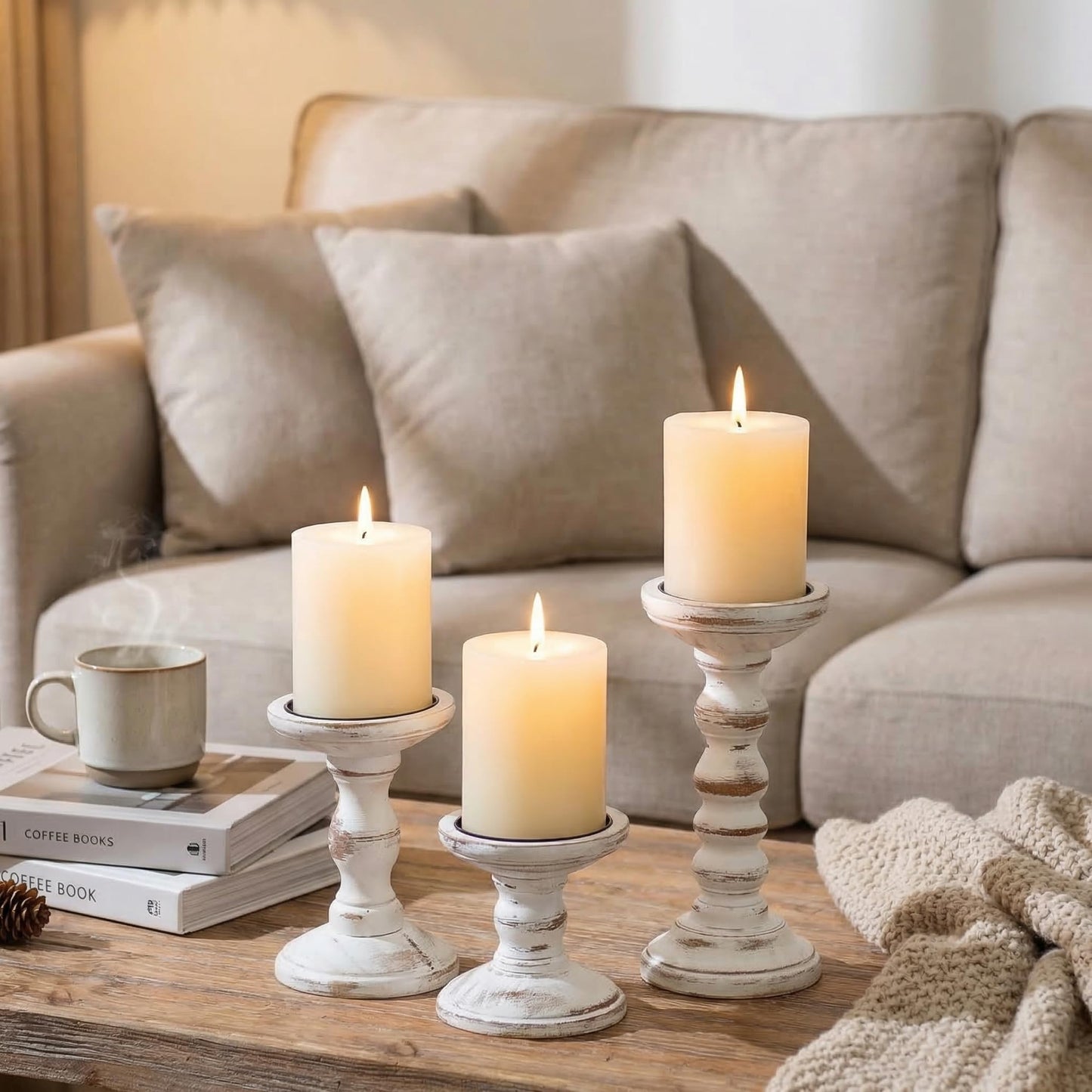 Romadedi Wood Candle Holders for Pillar Candles - Set of 3 Tall Farmhouse Wooden Candlestick Holder, Rustic Candle Stand for Fireplace Mantle Shelf Table Home Decor, Brown Whitewashed 3.9"/6"/ 8.3"