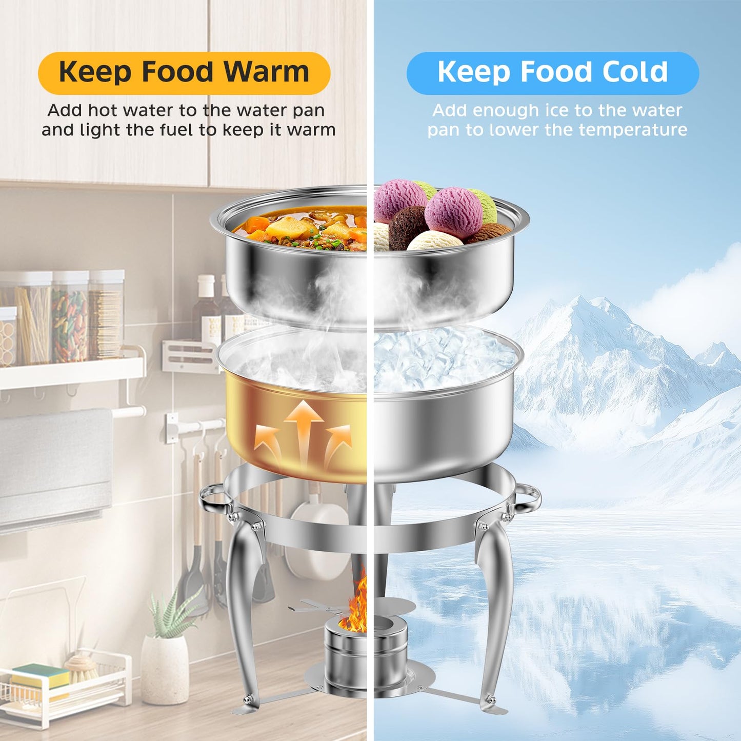 BriSunshine 6 QT Chafing Dish Buffet Set with Serving Spoons, 2 Packs Stainless Steel Round Chafing Dishes with Glass Lid & Lid Holder, Food Warmers for Parties Buffet Weddings Catering Events