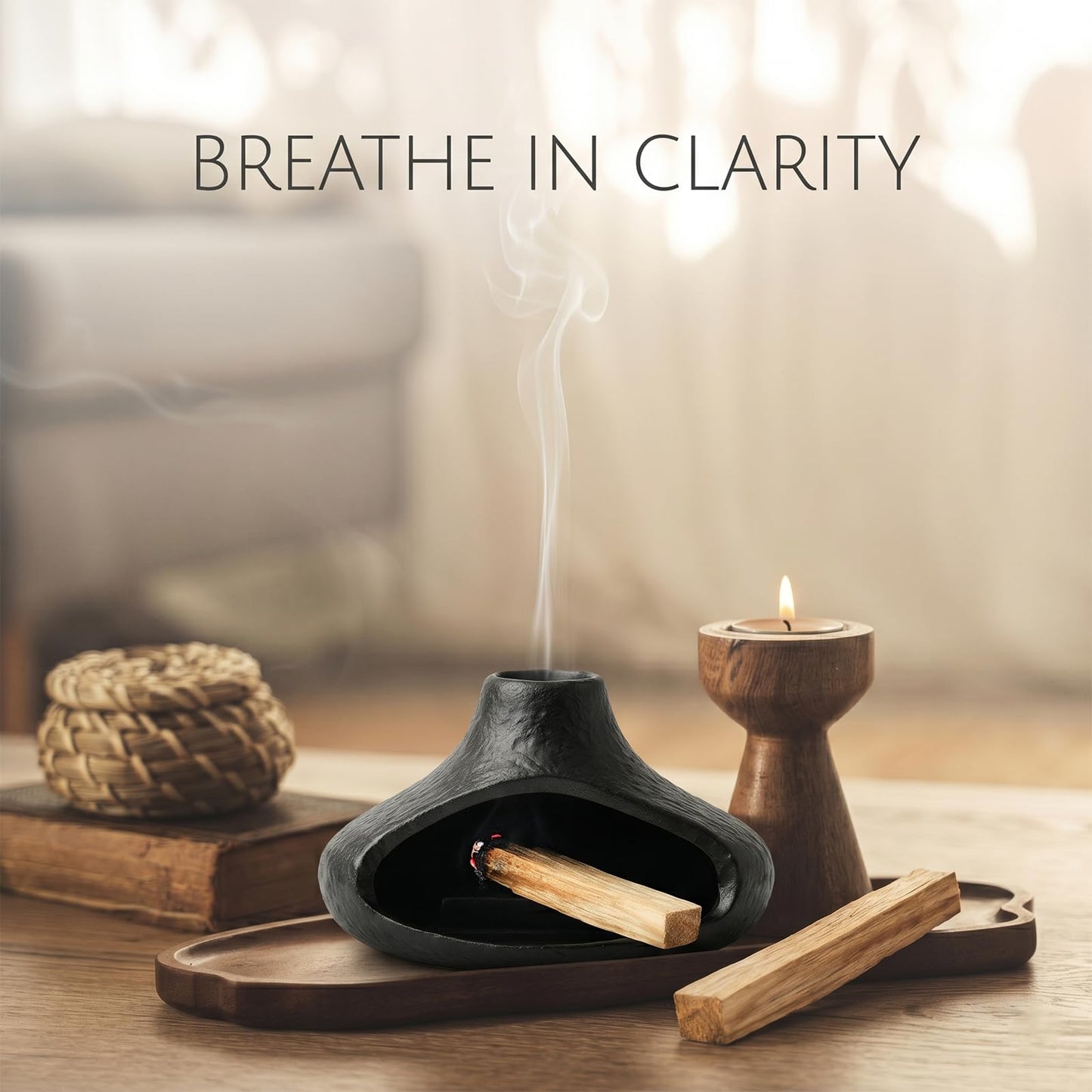 Matte Black Palo Santo Holder with Chimney Design, Ceramic Incense Burner with Ash Catcher, Mess-Free for Smudging, Meditation & Relaxation, Volcano Style Aesthetic Home Decor Gift