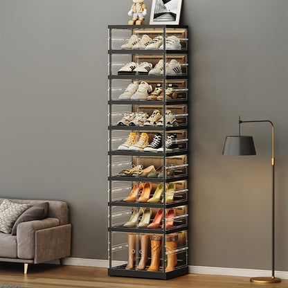 ELPHECO 9 Tier 18 Pairs Foldable Shoe Rack - Clear Shoe Rack Organizer, Folding Entryway Shoe Cabinet, Collapsible Sneaker with Magnetic Doors, Stackable Shoe Shelf,Three-Sided Clear Shoe Box, Black