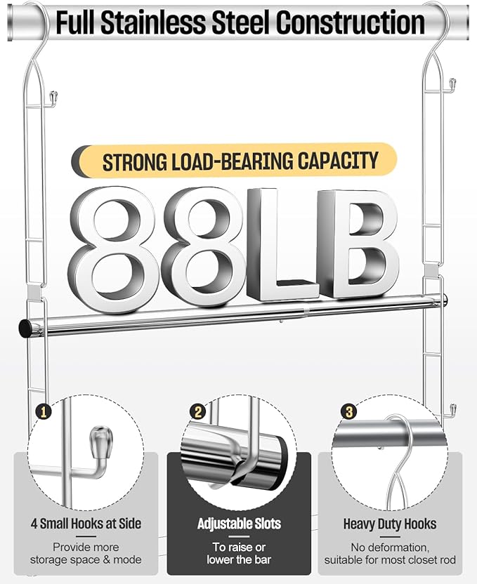 Hanging Closet Rod Stainless Steel, 1 Pack Adjustable Height & Width Closet Rod