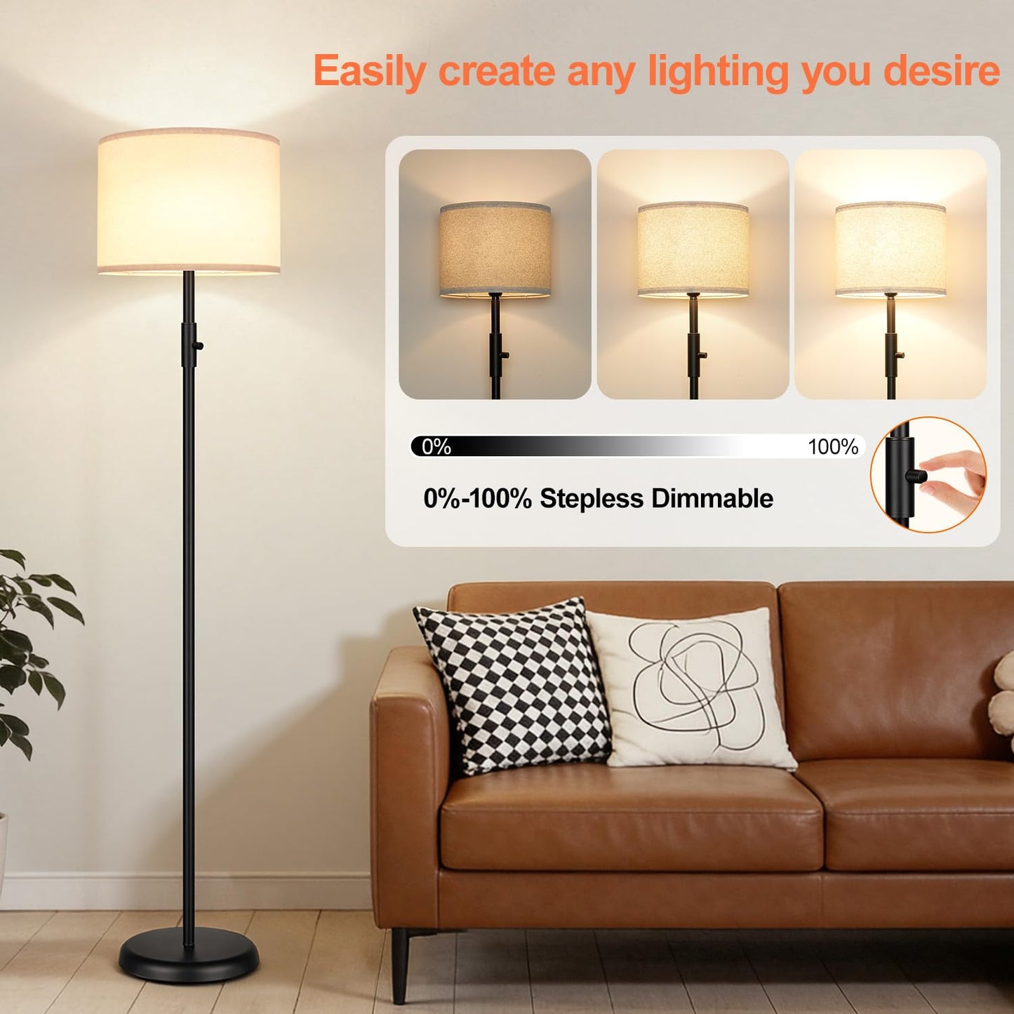 【Upgraded】 Dimmable Floor Lamp for Living Room,1000 Lumens Bulb Included, Modern Floor Lamps Simple Design with Linen Shade, Tall Standing Lamp for Bedroom Office Dining Room, Black Pole Lamp