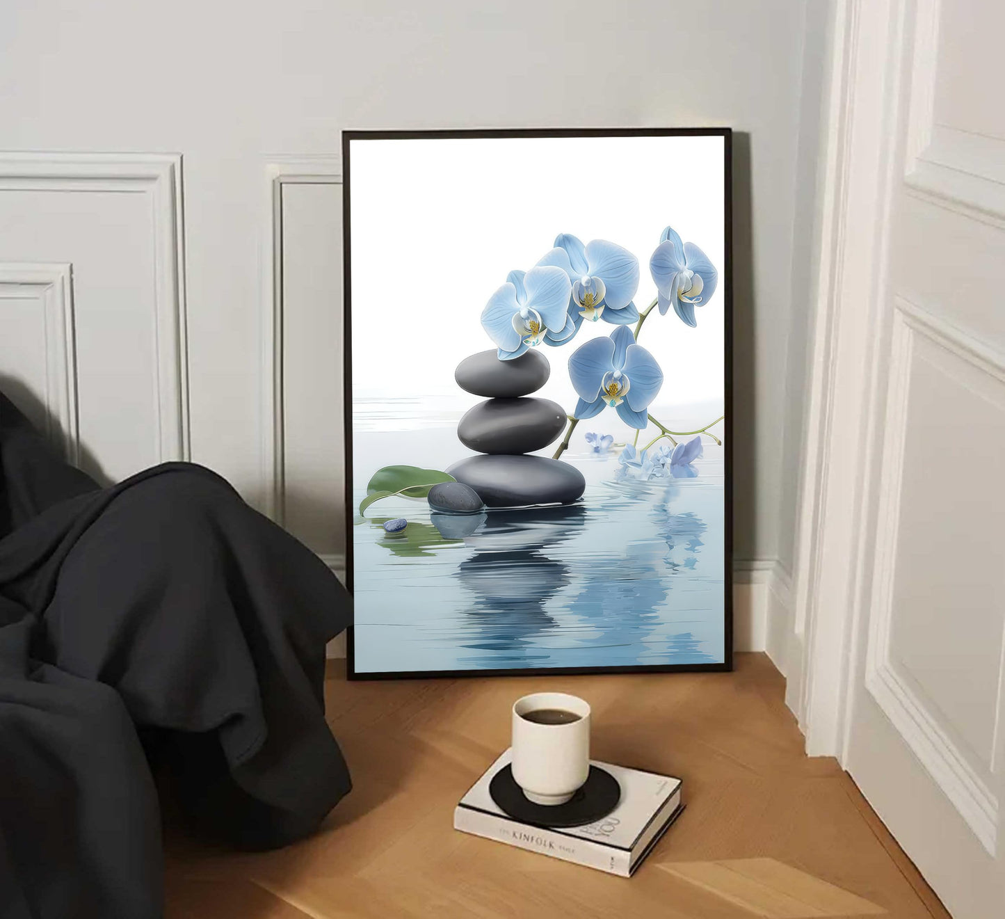 Framed Zen Canvas Wall Art Spa Stone and Elegant Blue Orchid Flower Spiritual Painting Pictures Wall Decor Poster Print Artwork for Bathroom Office Yoga Room Spa Room Meditation Room Decoration