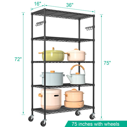 Folews 5 Tier Storage Shelves with Shelf Liner, Metal Shelves for Storage Adjustable Wire Shelving Unit Storage Shelf Organizer for Kitchen Pantry