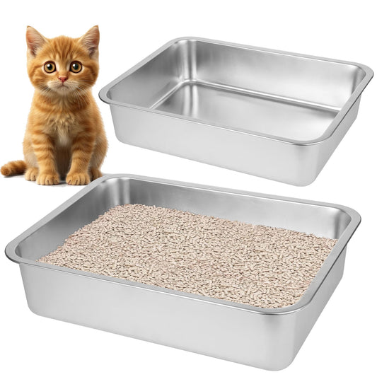 2 Pack Stainless Steel Cat Litter Box，Small Stainless Steel,Large Metal Cat Litter Box-Easy to Clean.(17.5" L x 13.6" W x 4.1" H).