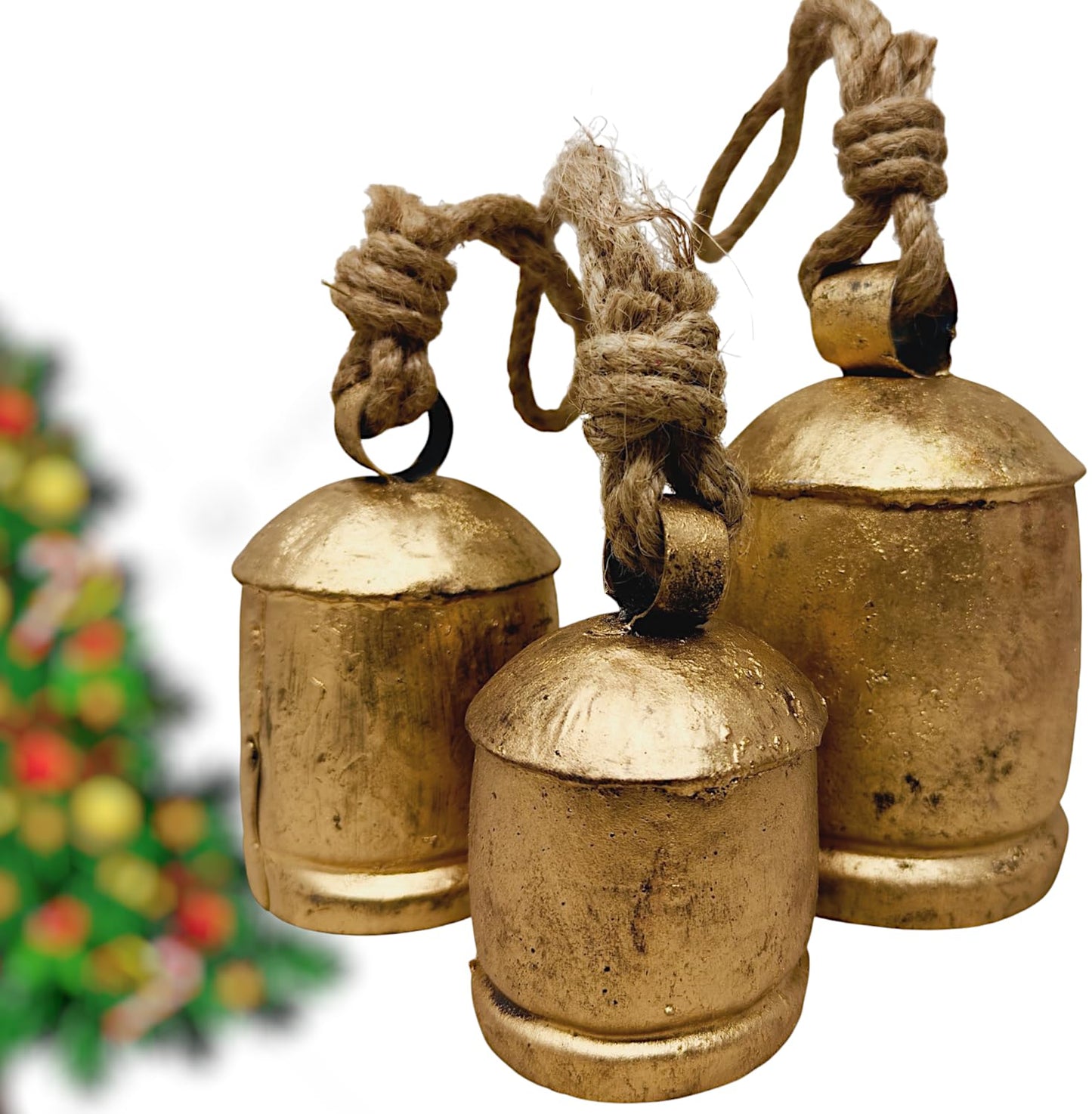Christmas Bells Decor, Gold Hanging Bells for Christmas Decoration, Cow Bells Christmas Decor for Mantle, Set of 3 Rustic Shabby Chic Bells, Harmony farmghouse Bells.
