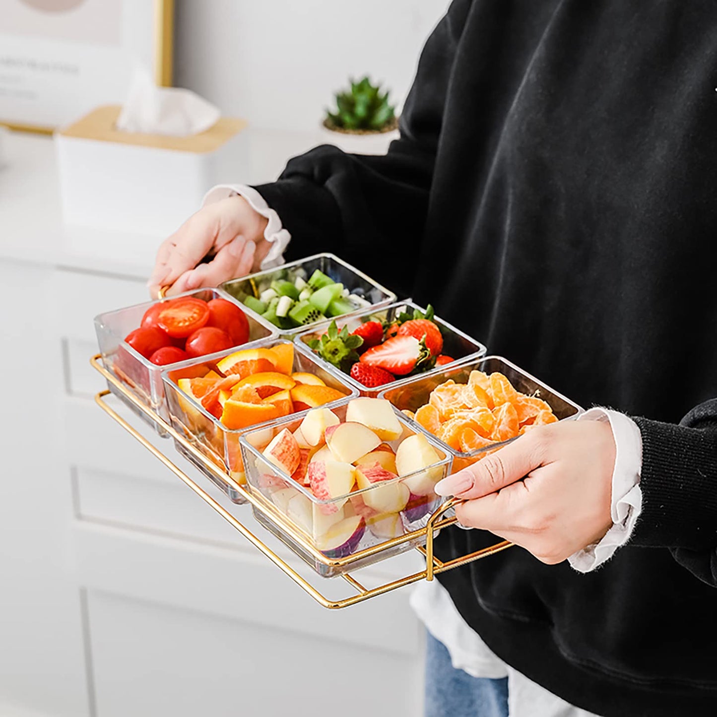 6 Clear Glass Serving Bowls Set with Gold Metal Rack Tray, Removable Condiment Dishes Serving Bowls Buffet Server Food Display Relish Tray for Fruit Dessert Appetizer Nuts Snacks Candy Chip Dip Bowl