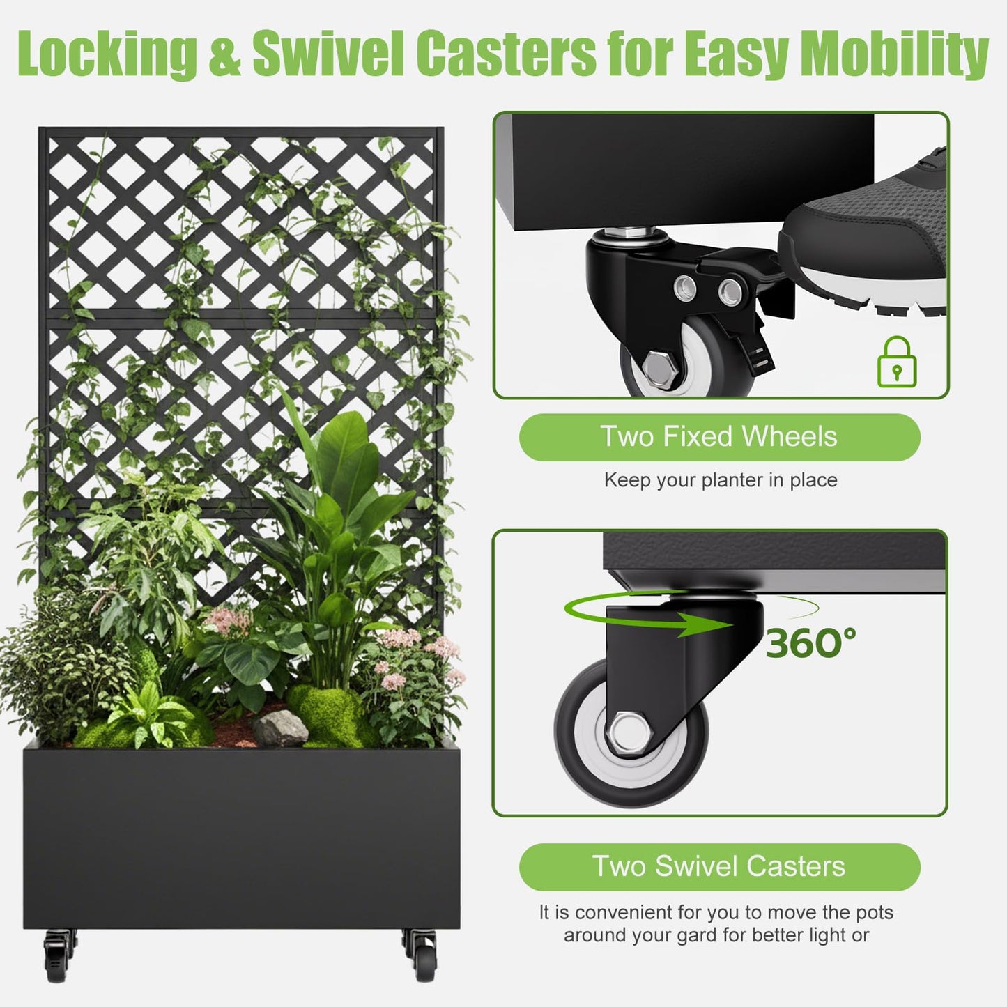 Luzfuego Metal Planter Box with Trellis, 72" Tall Outdoor Raised Garden Bed on Wheels, Flower Planter for Climbing Plants with Drainage Holes & Lockable Casters