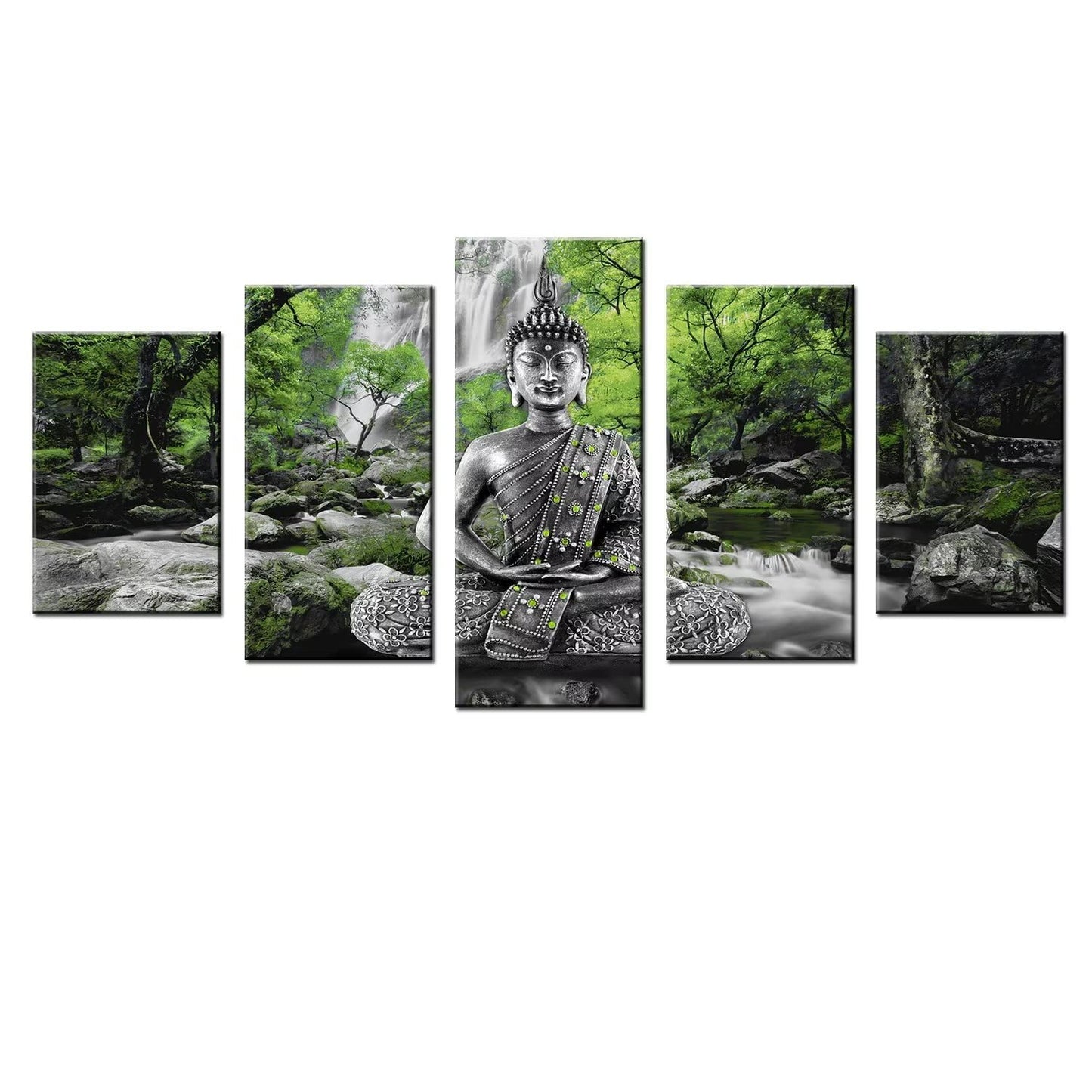 AWLXPHY Decor Buddha Wall Art Canvas Painting Framed 5 Panels for Living Room Decoration Modern Landscape Buddha Waterfall Trees Zen Stretched Artwork Giclee (Green, 40"x20")