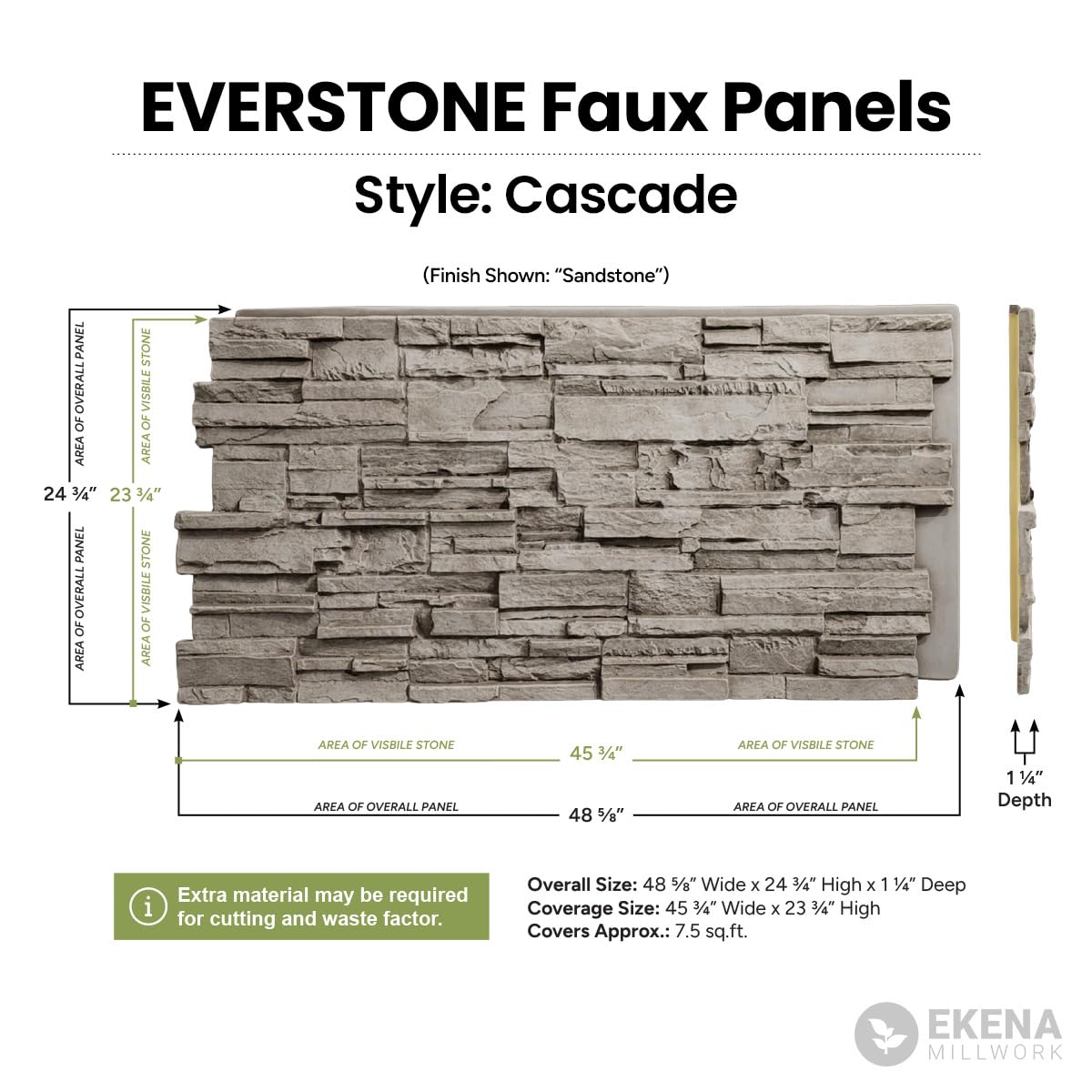 EverStone Cascade Faux Stone Panel, 48 5/8"W x 24 3/4"H x 1 1/4"D, Grey Granite Color
