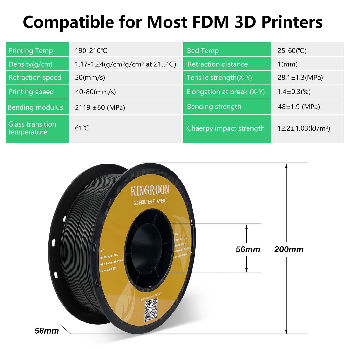 Kingroon 1.75 mm Black PLA Filament, 1kg Spool, 3D Printer Filament, Polylactic Acid, 1000g