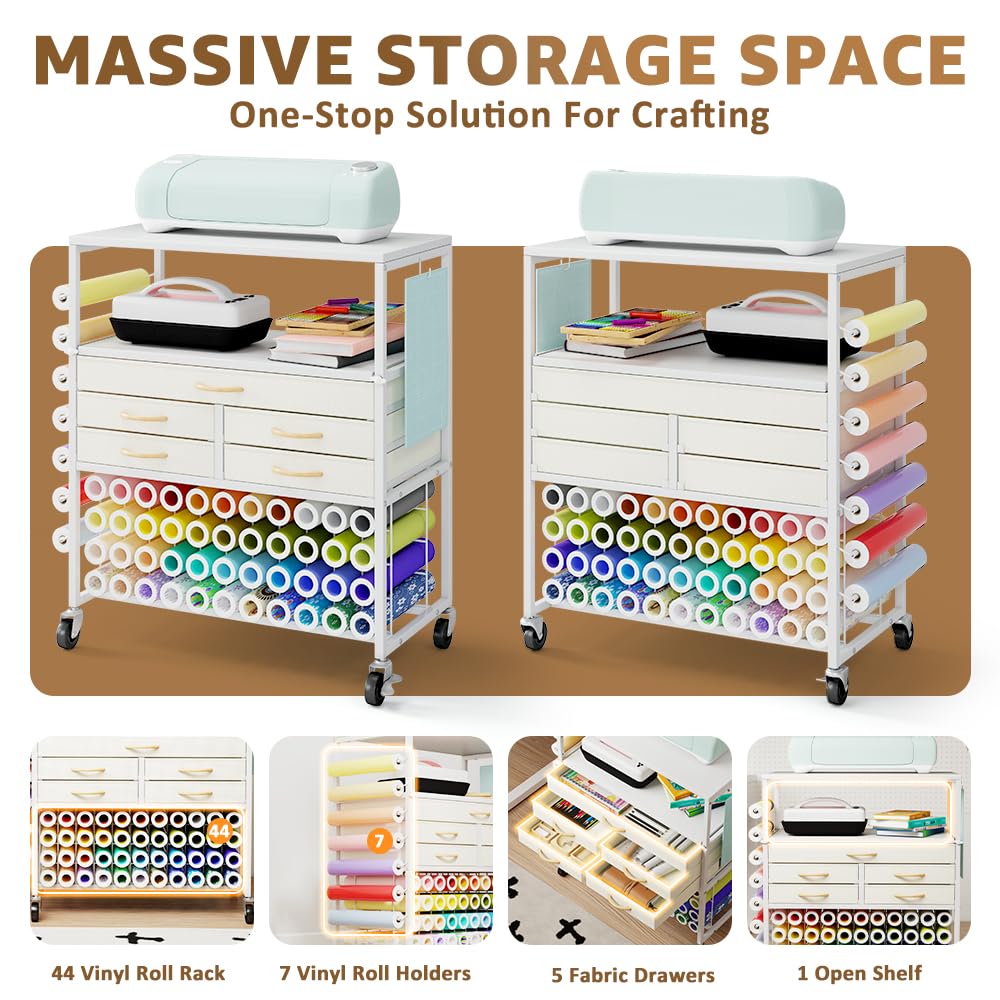 LUCKUP Organization and Storage Craft Table for Cricut Machines, Rolling Cart Cabinet with Extend Tabletop, 51 Vinyl Roll Holders, 5 Drawers & Heat Press Workstation