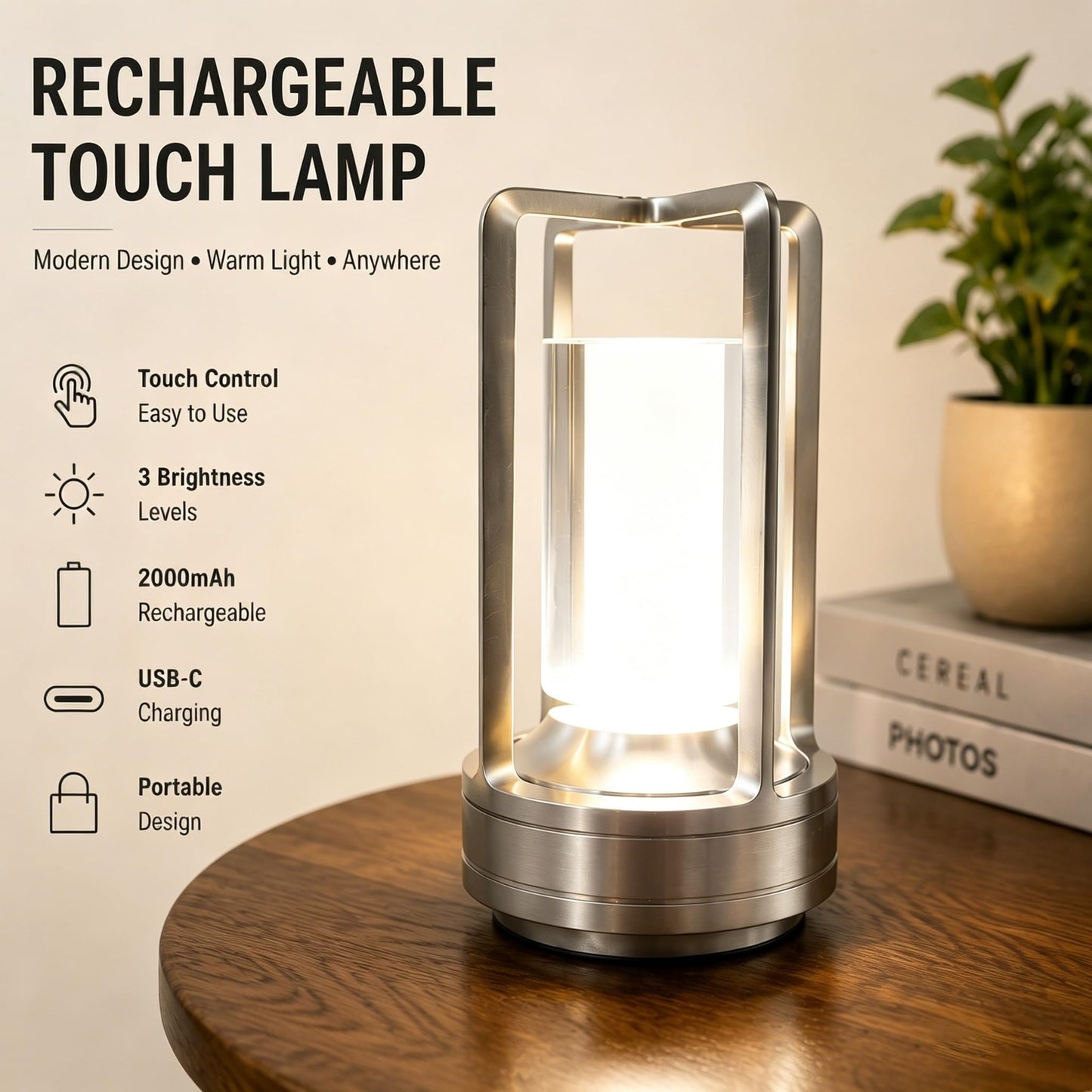 Candico Rechargeable Crystal Table Lamp, 3-Color Touch LED, Silver