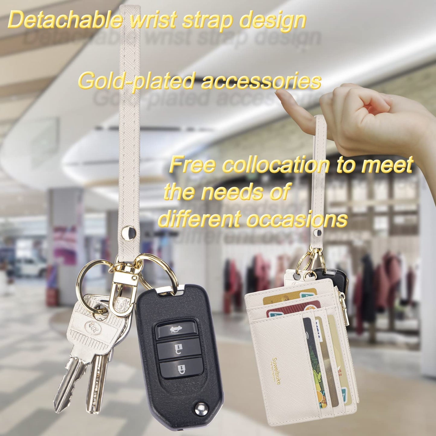 Women Slim Rfid Blocking Credit Card Case Holder Wristlet Zip ID Case Wallet Small Compact Leather Wallet Coin Purse with Keychain (Beige)