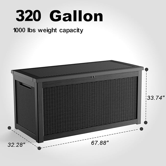 320 Gallon Outdoor Deck Box, Lockable Waterproof Outdoor Storage Boxes For Garden Tools,Indoor Cushions,Accessories Outside Storage Resin Weatherproof Container(Black)