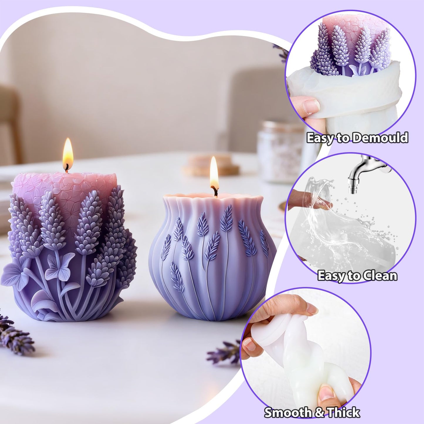 2 Pack Elegant Lavender Embossed Candle Molds, 3D Flower Pillar Silicone Candle Mold, Resin Casting Silicone Mold for Home Decor, Soap & Candle Making Craft Mold