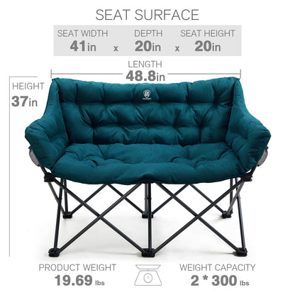 EVER ADVANCED Double Camping Chair for Adults, Padded Folding Camping Love Seat with Side Pocket Portable Camping Couch, Two Person Heavy Duty Folding Outdoor Chair with Cushion,Support 600lbs,Green