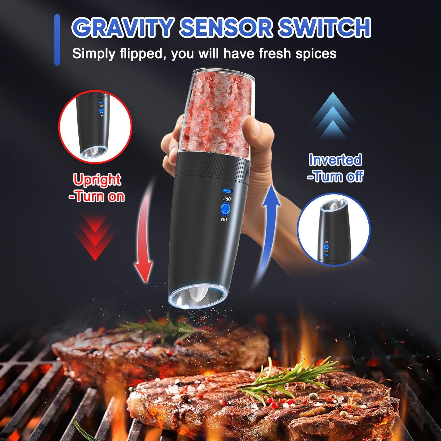 RECHARGEABLE - Gravity Electric Pepper and Salt Grinder Set, Adjustable Coarseness, With LED Light, One Hand Automatic Operation, 2 Pack-Black