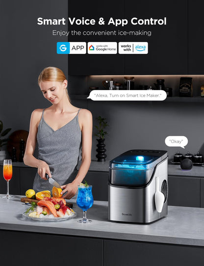 GoveeLife Smart Ice Maker Countertop, Portable Ice Machine with Voice Control, 9 Ice Cubes in 6 Minutes 3 Sizes, 26lbs/24Hrs, Self Cleaning RGB Lights, Quiet Ice Maker with Scoop for Kitchen Silver