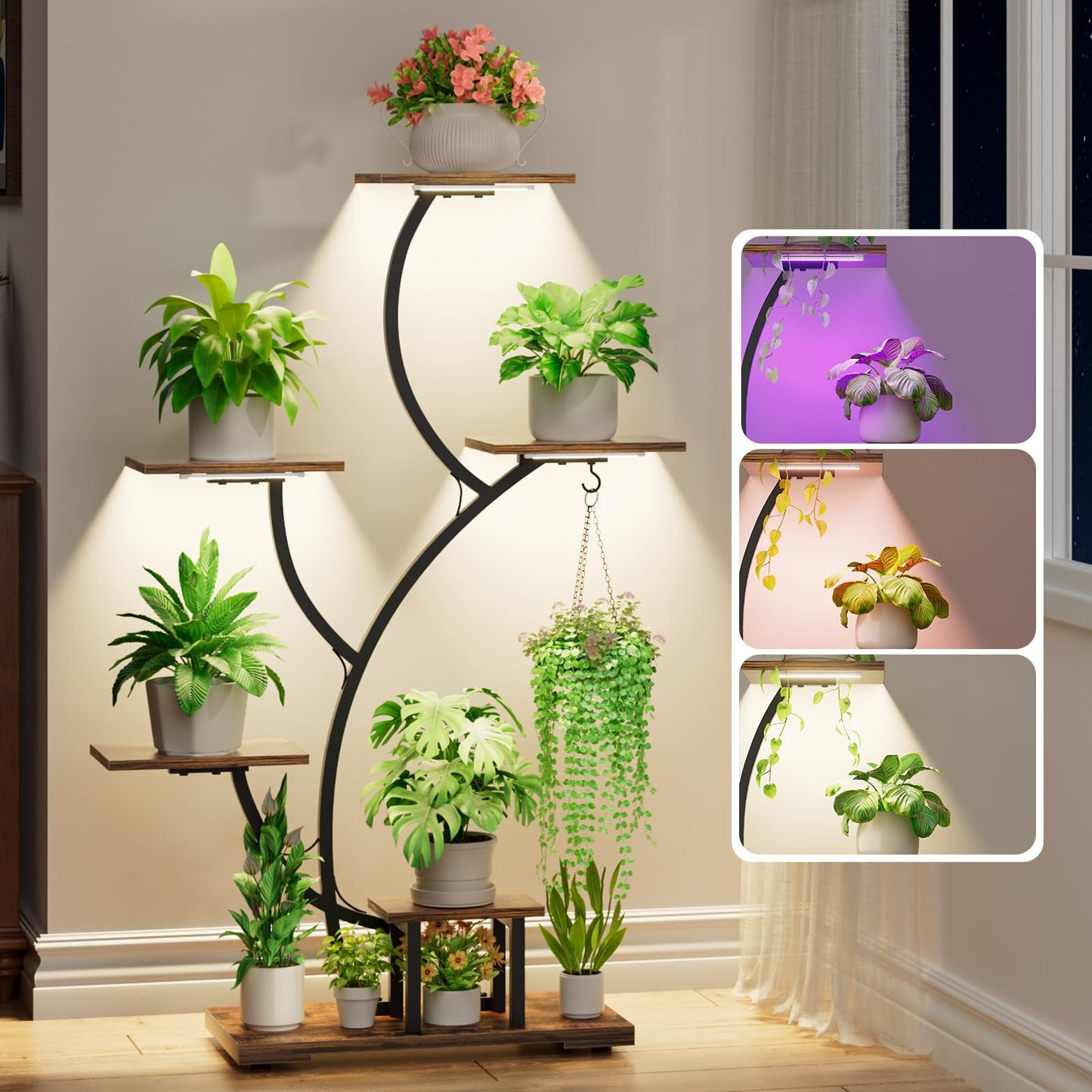 Yzosvki Plant Stand Indoor with Grow Lights, 6 Tiered Large Plant Shelf Flower Stand, Tall Plant Shelves for Living Room, Patio, Corner, Heavy Duty, Rustic Brown and Black