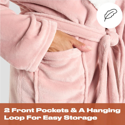 Sienna Hooded Dressing Gowns for Women UK Super Soft Flannel Fleece Sherpa Lined Fluffy Mens Luxurious Comfy Cosy Bathrobe - Blush Pink