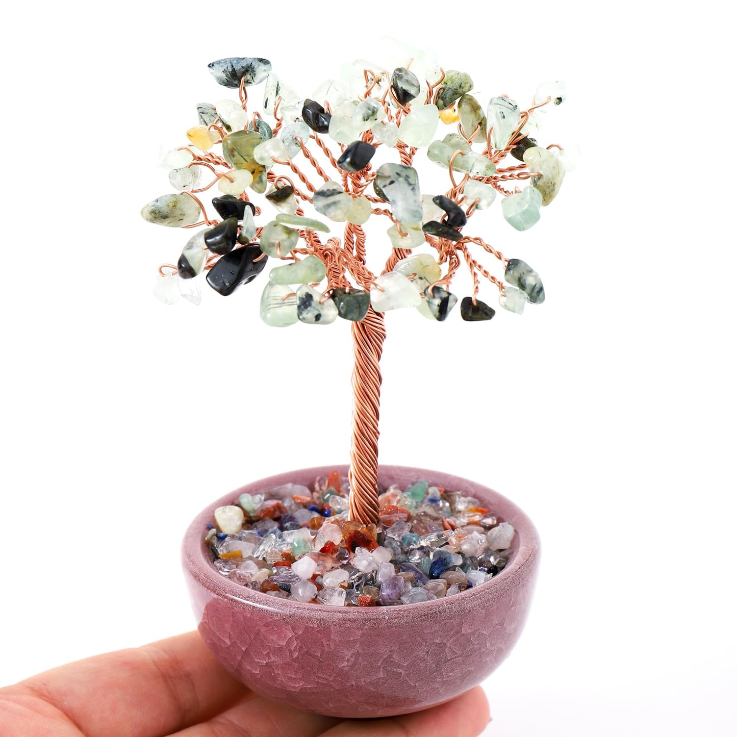 1PC Natural Prehnite Crystal Tree Handmade Wire Life Small Bowl Flowerpot Base Reiki Healing Feng Shui Mineral Specimen Tabletop Ornaments