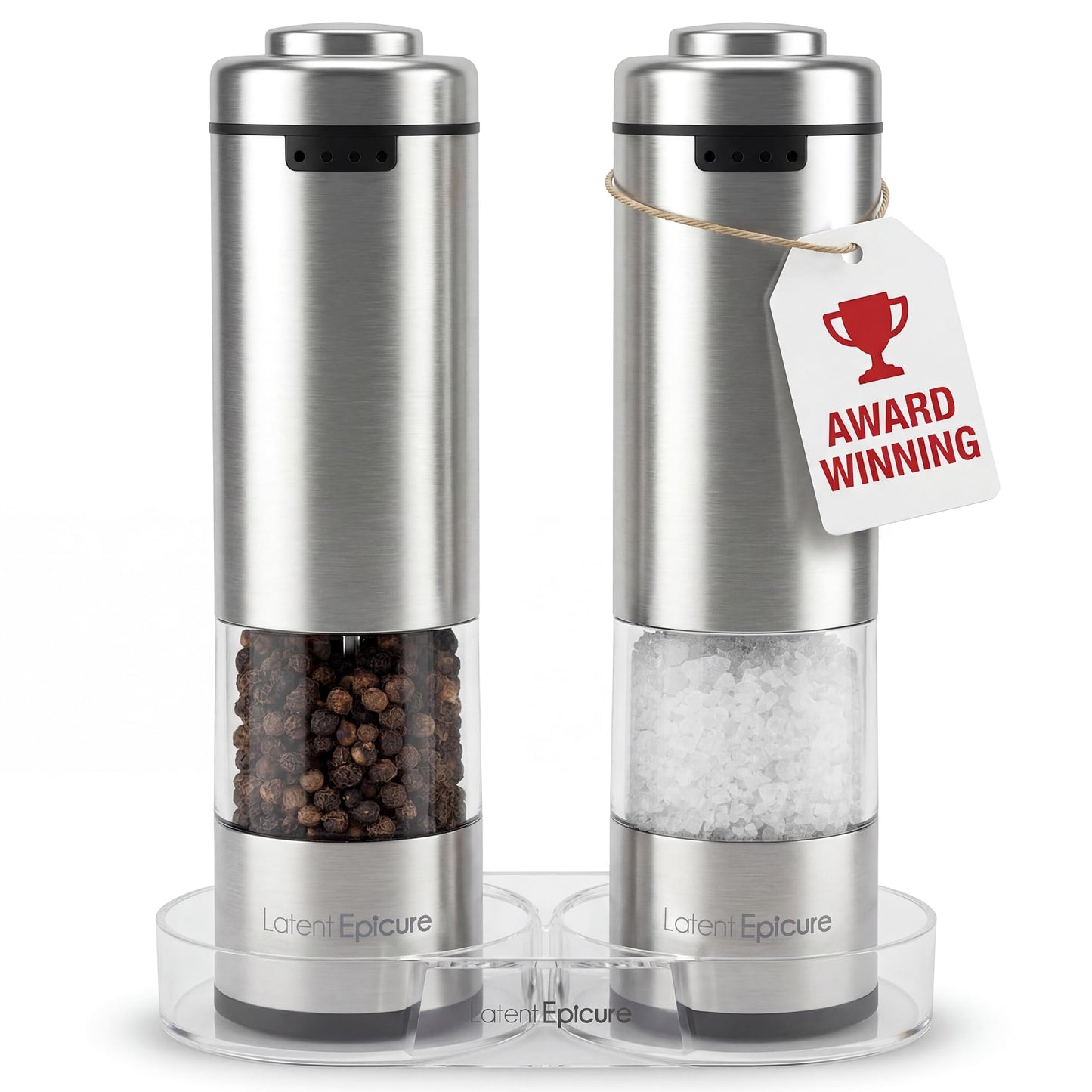 Latent Epicure Electric Salt and Pepper Grinder Set, USB-C Rechargeable Stainless Steel Mills with LED Light, Adjustable Ceramic Grinders and Acrylic Mill Rest Tray