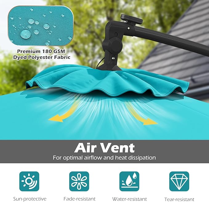 Tangkula 10ft Solar LED Patio Umbrella with Base, Offset Cantilever Outdoor Umbrella with 32 LED Lights, Infinite Tilt, 360 Degree Rotation, Crank Handle for Pool Deck Garden Backyard (Turquoise)