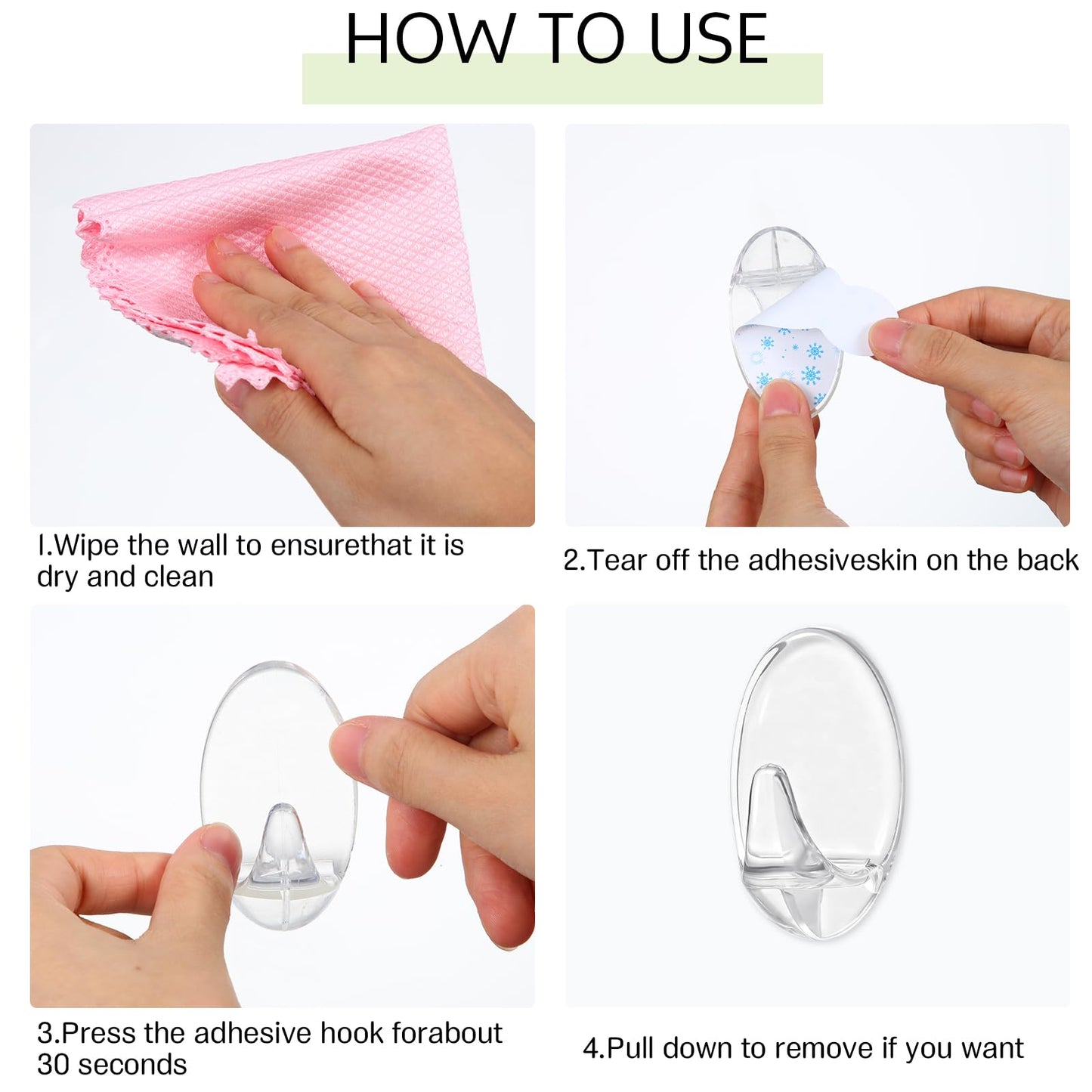 Teenyyou 36 Pcs Assorted Sizes Self Adhesive Utility Hooks, Christmas Plastic Sticky Wall Door Heavy Duty Hooks Plastic Hangers for Bathroom Towels Clothes Keys String Lights (Clear,Single Size)
