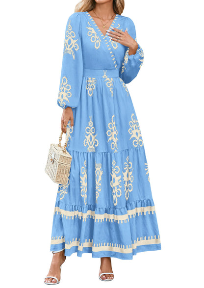 PRETTYGARDEN Women's 2025 Fall Wedding Guest Dresses Boho Floral Long Sleeve V Neck Flowy Elegant Maxi Dress Beach Clothes