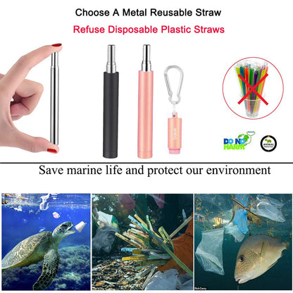 2 Pack Reusable Metal Straws Collapsible Stainless Steel Drinking Straw Travel Portable Telescopic Straw with Case for Cruise Ship Essentials Black/Rose Gold