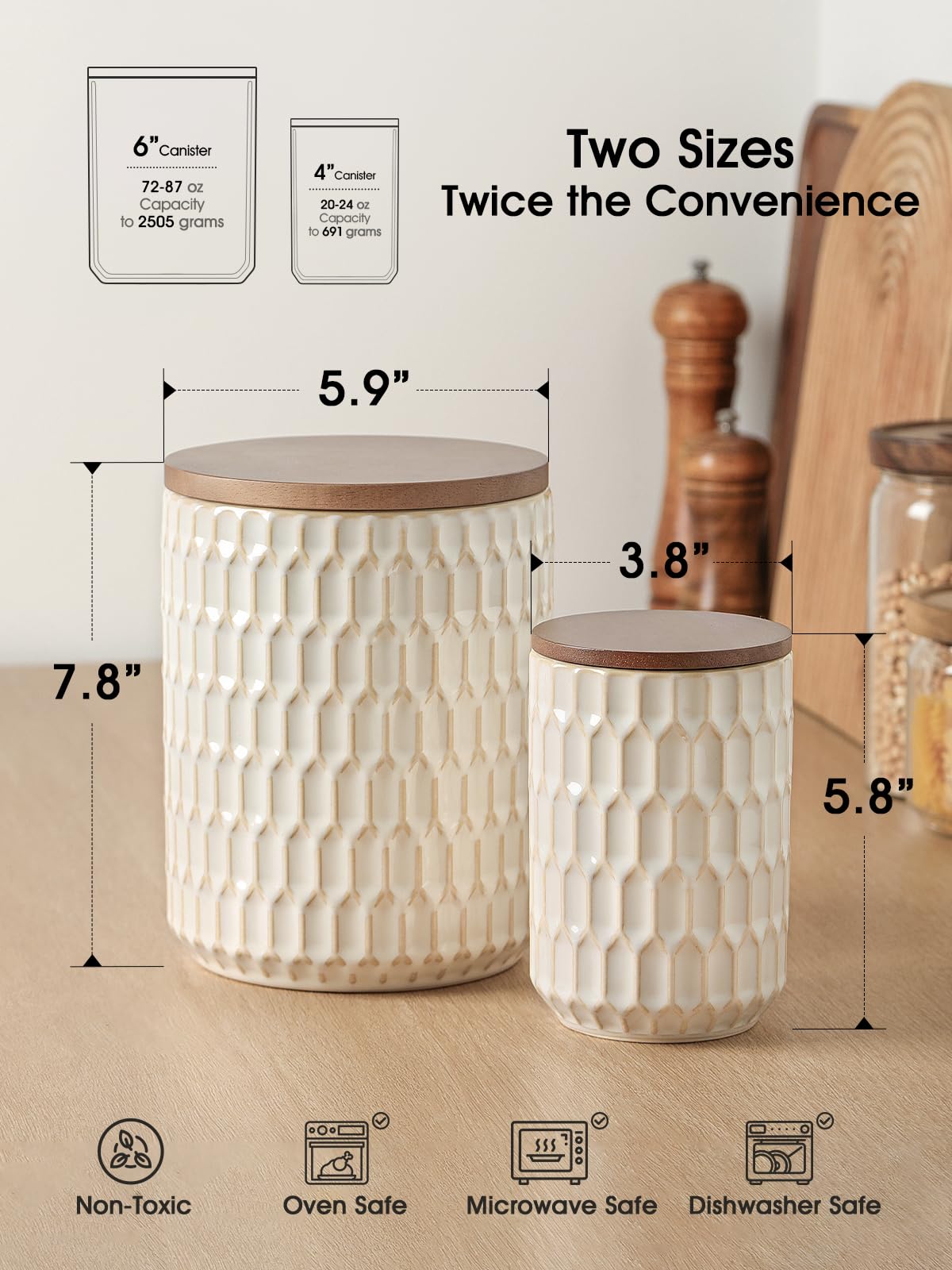 ArteBake Ceramic Canisters Sets for the Kitchen, Flour Sugar Storage Containers, Diamond-Patterned Design, Coffee Canister with Airtight Lid for Counter Spice and Food (White Sets of 2)