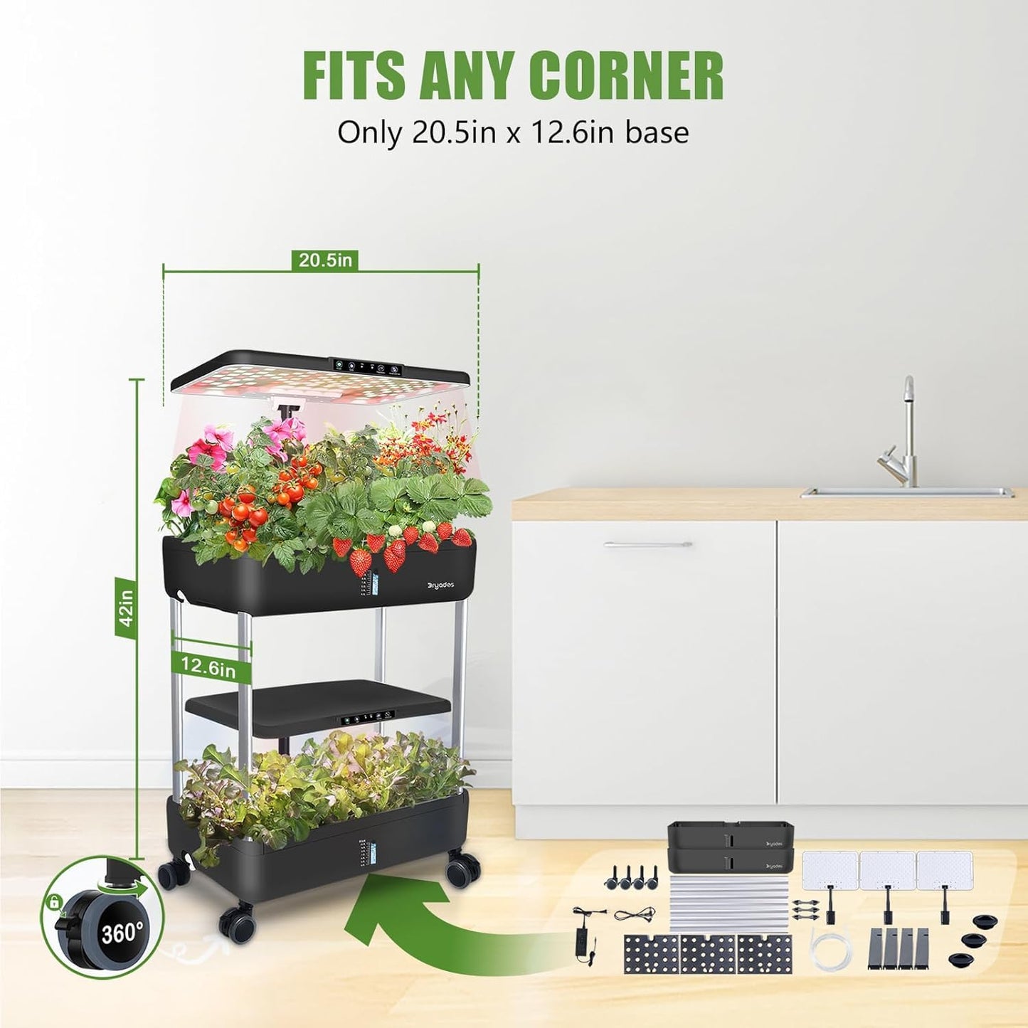 44 Pod Hydroponic Indoor Garden System Black, 2 Tier Growing Kit with LED Grow Light, 10L Tank, Includes Seed Starter Kit